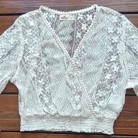 Hollister Lace & Crochet Boho Crop Top Bell Sleeves Festival Fairy Coquette Sz L - Picture 9 of 15